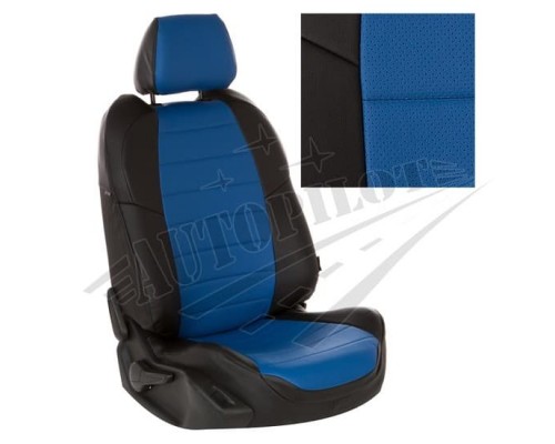 Чехлы на сиденья из экокожи (Черные с синим) для SEAT Ibiza IV Hb  (Сплошная зад. спинка) с 08-17г. Фото